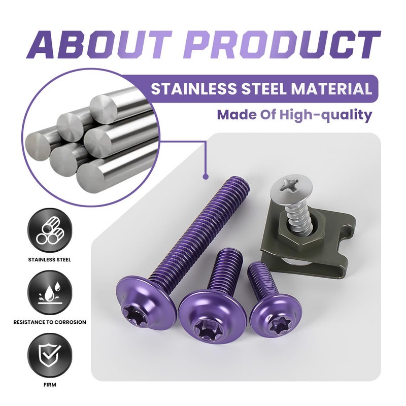 PIKPOP Motorcycle Fairing Bolt Kit, 210 Pcs Stainless Steel M5 M6 Universal Windscreen Screw Accessories for Kawasaki, Yamaha, Suzuki, Honda, Ducati, BMW, Included Fastener, Nut, Spire Clip (Sugar Purple) - Image 2